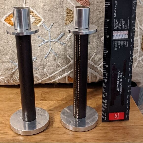 Tall candle stick holder leather like elements set of 2 candleholder - Picture 7 of 7